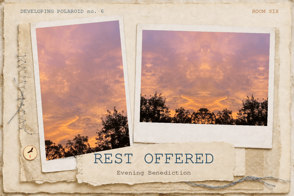 The Evening Benediction developing polaroid pairing the original sunset photograph with its reflection