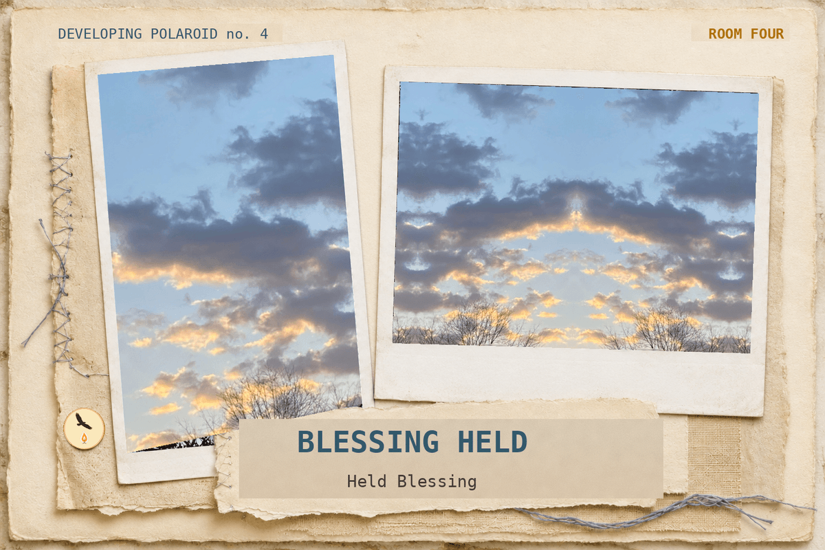 The Held Blessing developing polaroid pairing the original evening cloud photograph with its first reflection