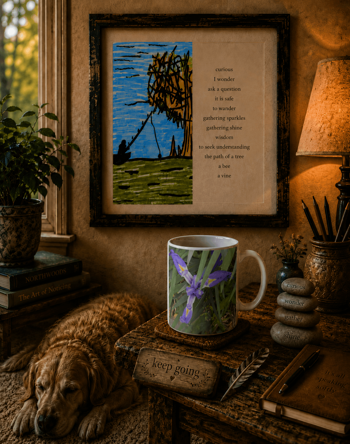 Curious, I Wander, with a child's drawing, questions and iris mug