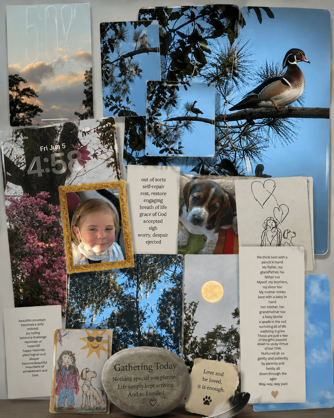 Gathering Today collage of sky, birds, flowers, family and heart-held moments
