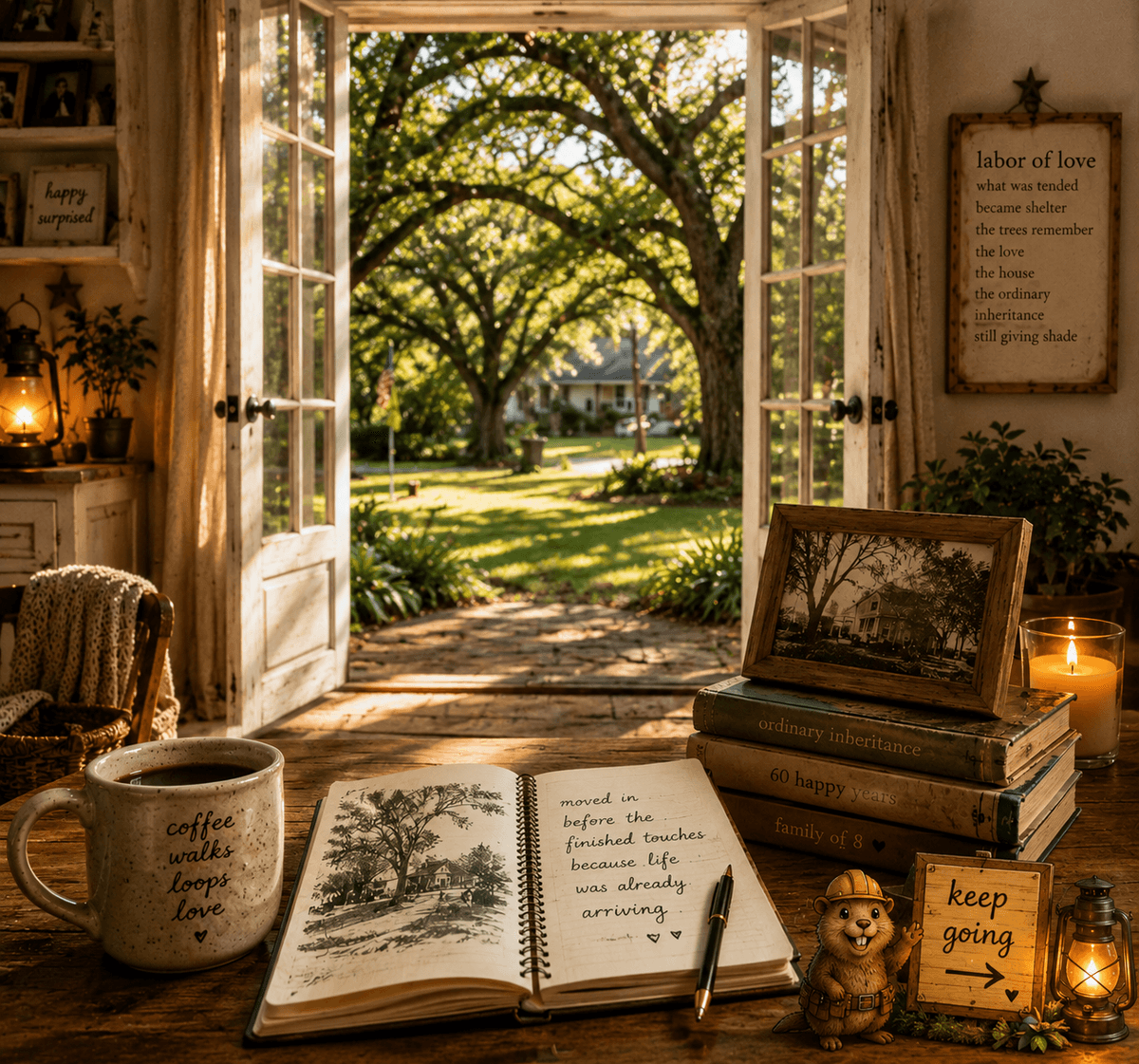 Happy and Surprised, through open doors toward a sunlit home