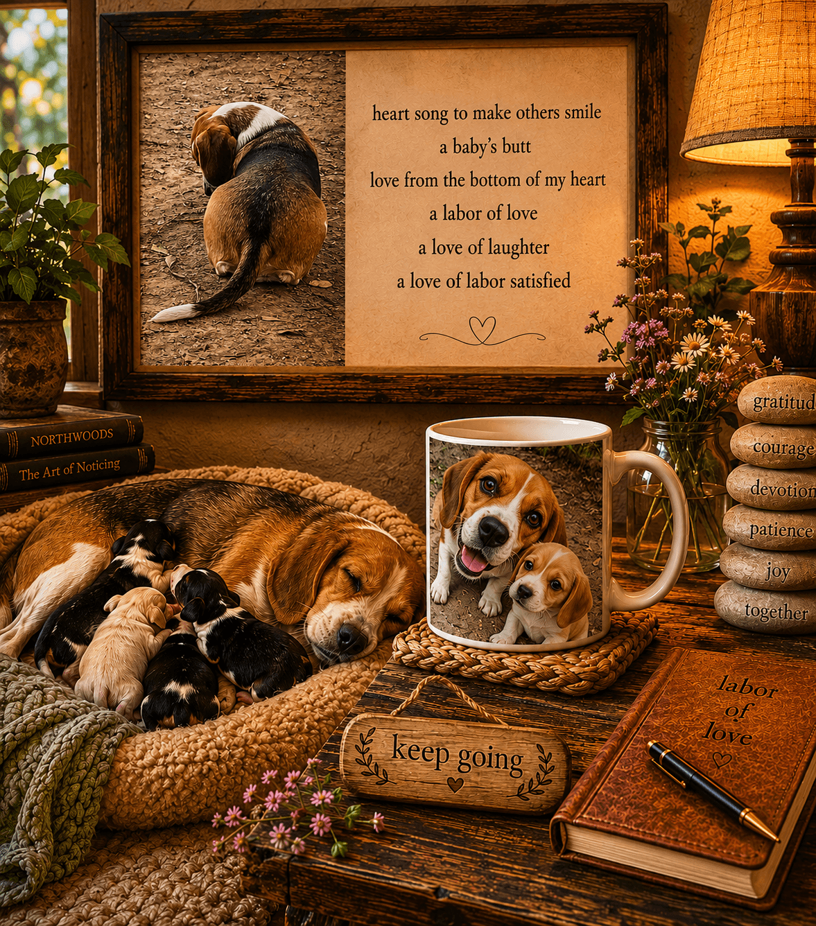 Labor of Love, with a mother hound, puppies, poem and family mug