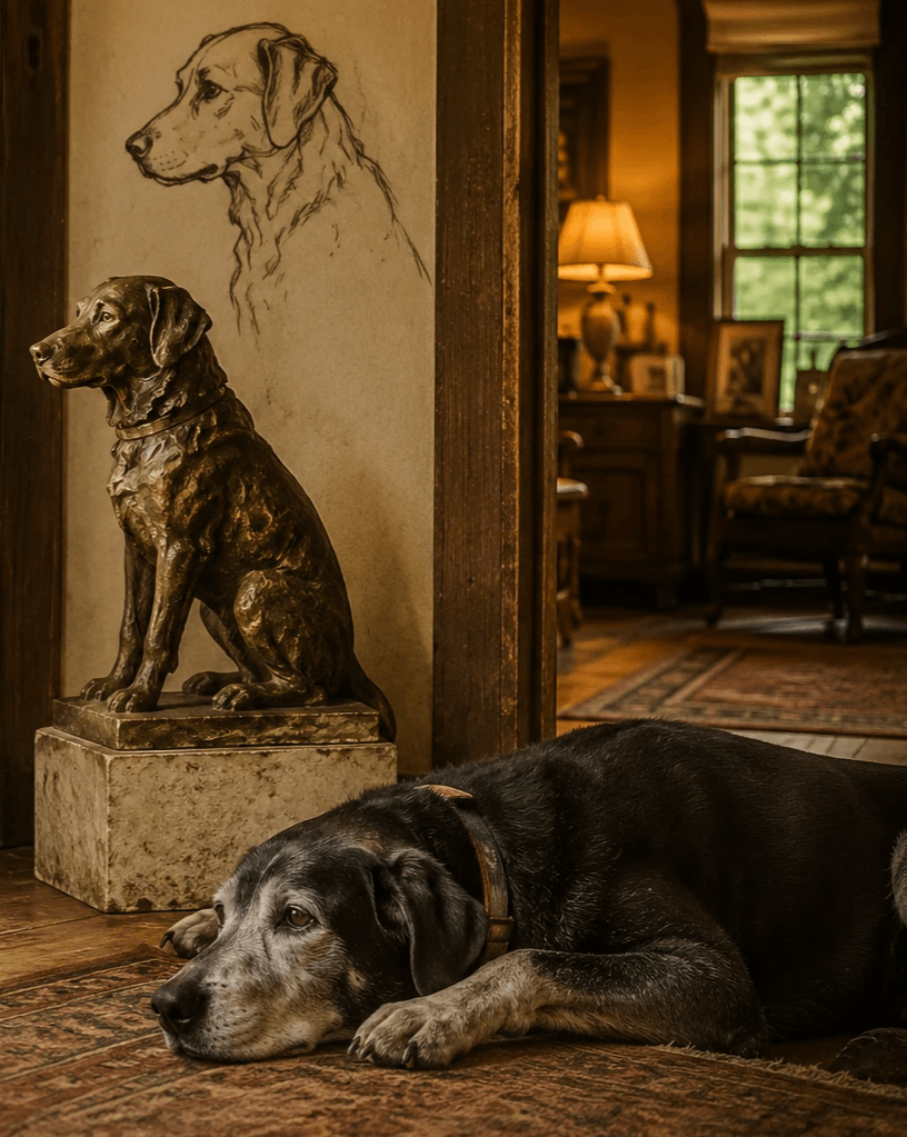 Sit With Now, an older hound resting in a quiet room