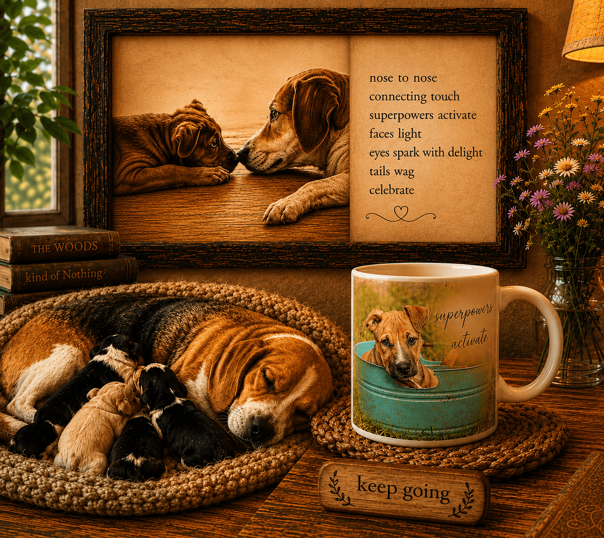 Superpowers Activate, with a family of hounds and a commemorative mug