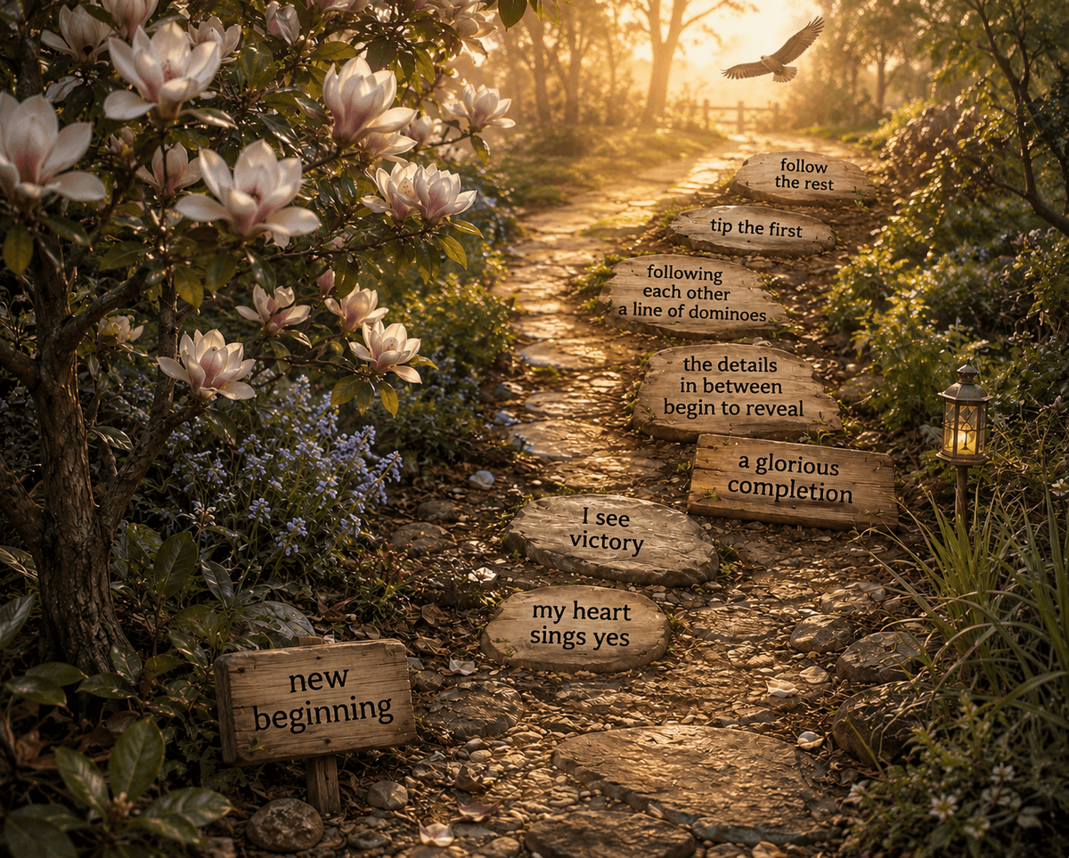 A sunlit woodland path through magnolias, irises, and old trees