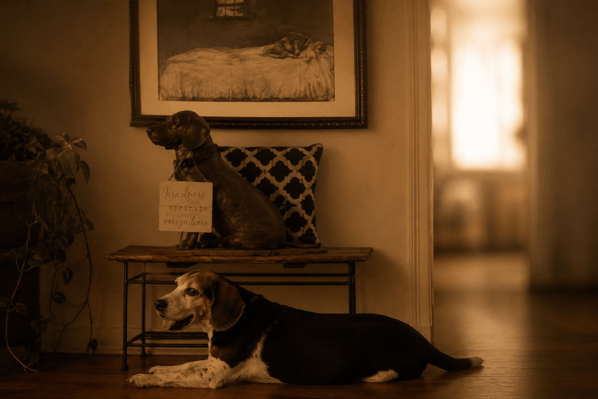 Time Quietly Held, with a resting hound in warm evening light