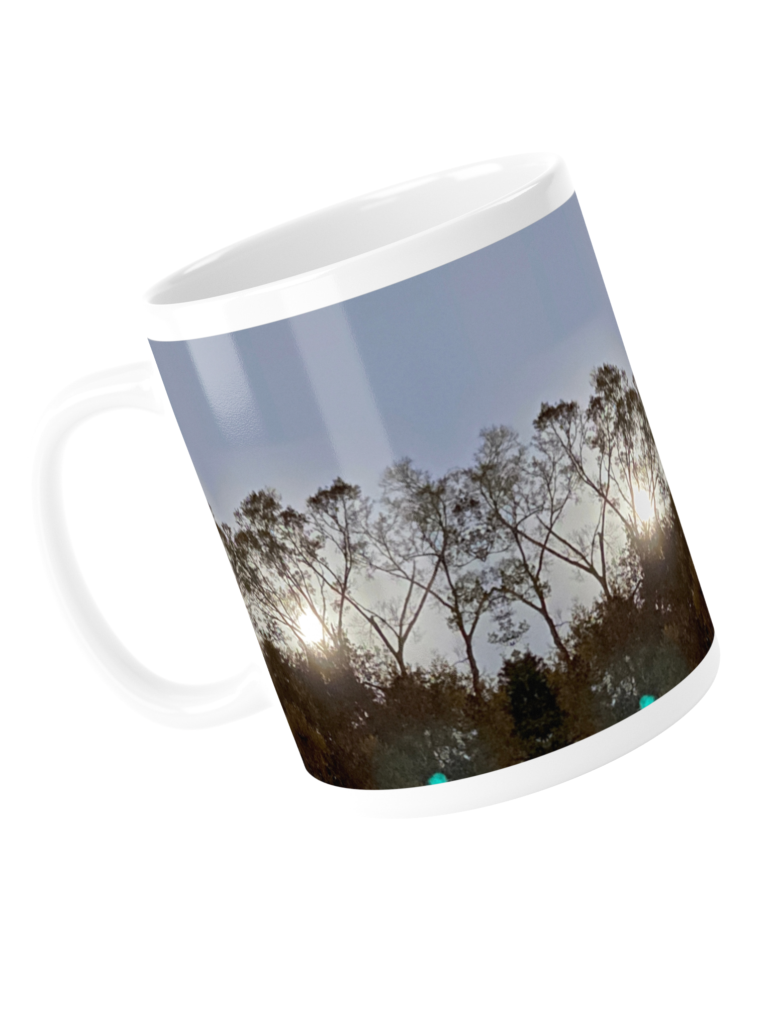 Shared Light Landing on an eleven-ounce mug, shown in the current tilted Fourthwall view